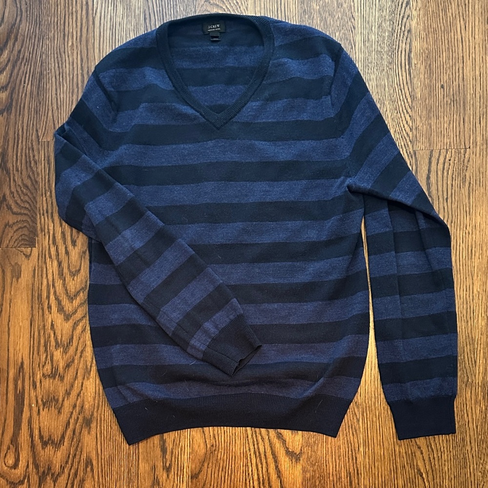 J. Crew Men's V-Neck Sweater in Navy and Black Stripes